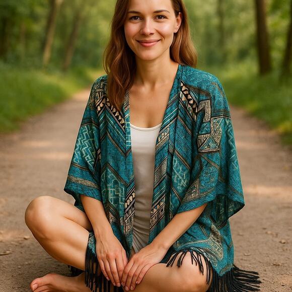 Manito Womens Open Front Kimono One Size Blue Tribal Print Fringe Boho Festival - Picture 2 of 5